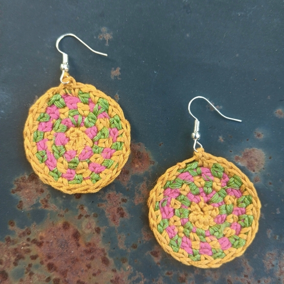 Hand Crafted Jewelry - Hand Crafted Hand Crochet Boho Multicolor Circle Earrings